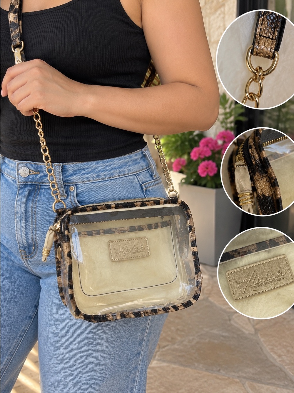 KLUTCH Clear Crossbody Bag Snake Print Trim Gold Chain Y2K Style Purse